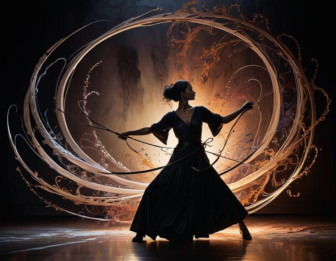 A dramatic scene depicting a skilled artist wielding a whip in a dynamic pose, surrounded by contrasting elements of both elegance and chaos. Shadows play across a canvas where the lines of discipline intertwine with soft, swirling forms representing the emotional turmoil of cruelty. The background features a blend of dark and light colors to symbolize the balance between control and chaos. Include subtle hints of ornate decorations to elevate the artistic theme. surrealistic, vibrant colors, moody lighting.