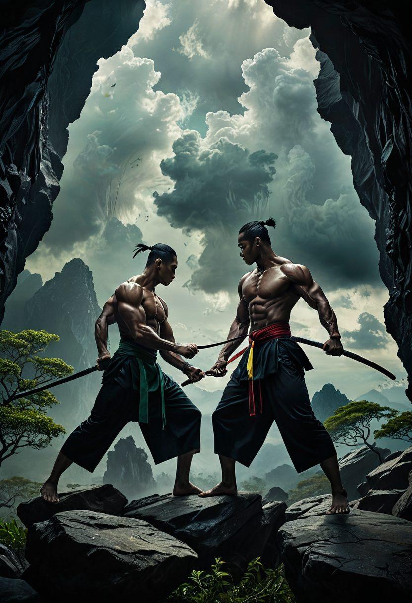 A dramatic scene depicting duality, split into two contrasting halves; on one side, a disciplined figure practicing martial arts in a serene landscape, showcasing focus and strength; on the other, a shadowy figure wielding a whip amidst chaotic surroundings, symbolizing cruelty and punishment. The background merges these two worlds, blending calmness with intensity. vibrant colors. super-realistic. moody lighting.